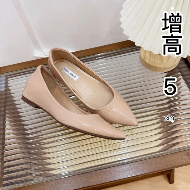 羊皮版~裸色尖头单鞋增高5厘米浅口露趾缝性感纯欲温柔气质简约