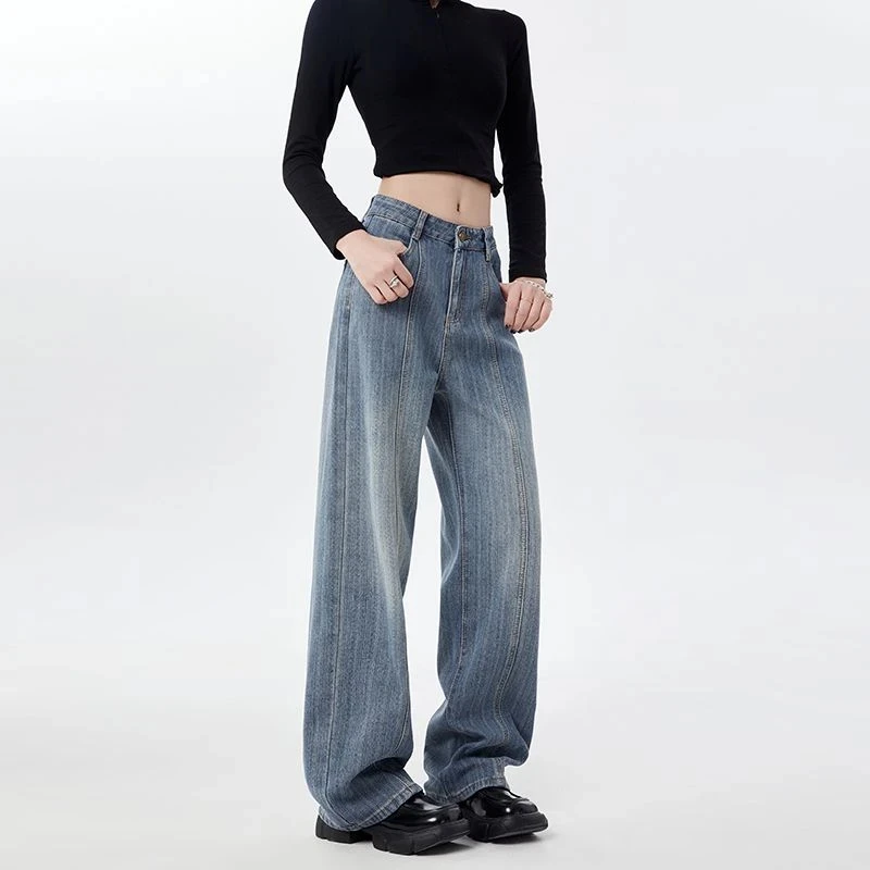 【4438】【低价清仓】复古蓝直筒牛仔裤高腰显瘦窄版高级感纹理阔腿裤