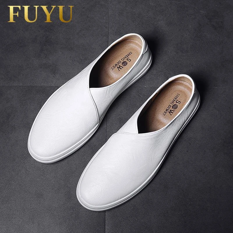 高档软牛皮小白鞋男士秋冬高级感潮流百搭休闲一脚蹬懒人乐福鞋