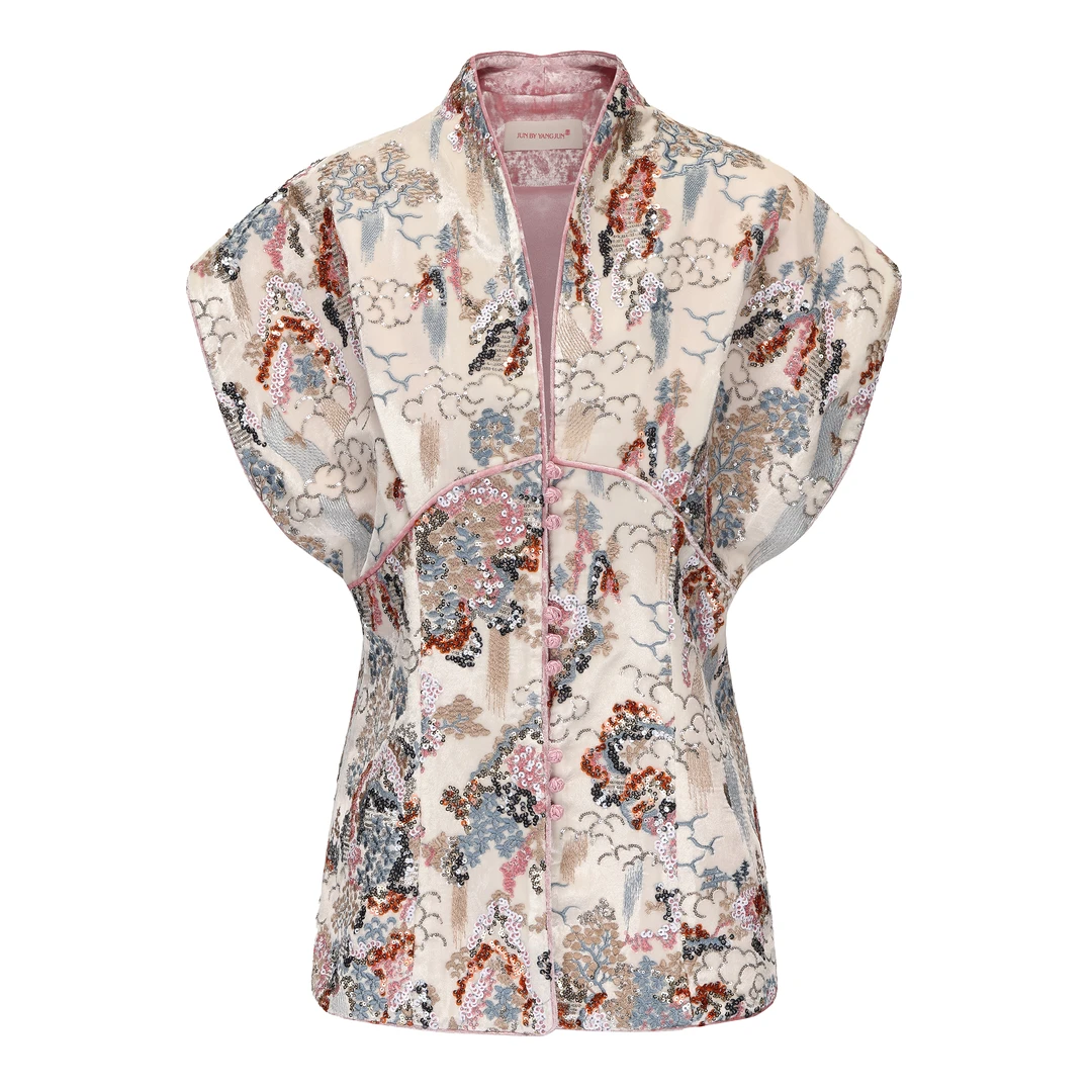 JUNYANG杨君 倾城如胭中式珠绣丝绒马甲