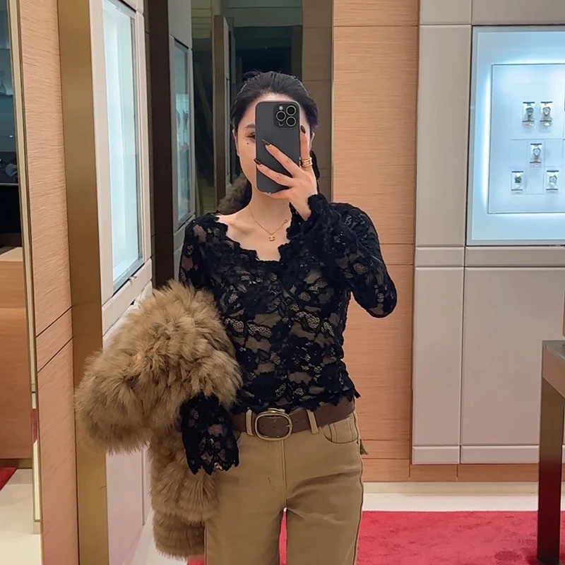 黑色洋气法式打底衫带胸垫纯色蕾丝拼接时尚长袖法式打底衫