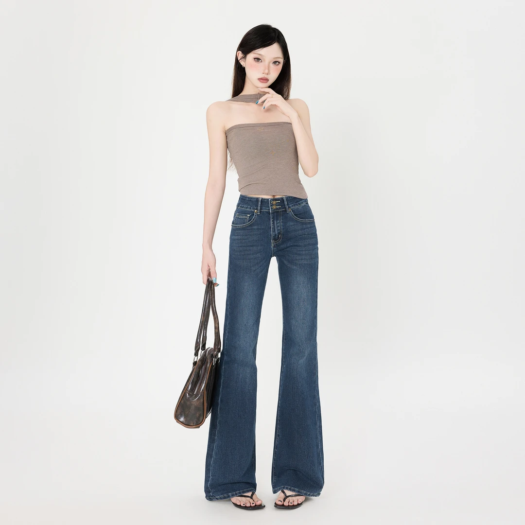 复古美式微喇牛仔裤裤子女秋冬新款低腰提臀水洗显瘦拖地喇叭裤