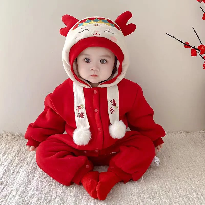 宝宝拜年服喜庆加绒冬款连体衣婴儿周岁宴礼服冬季加厚保暖外出服