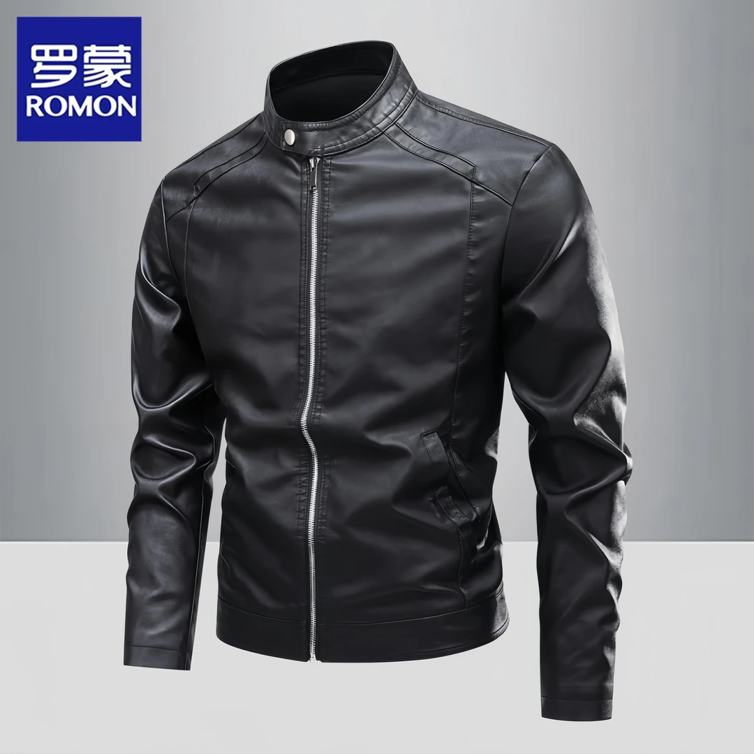 Romon/罗蒙春秋季新款男士立领夹克时尚痞帅休闲百搭男装皮衣外套