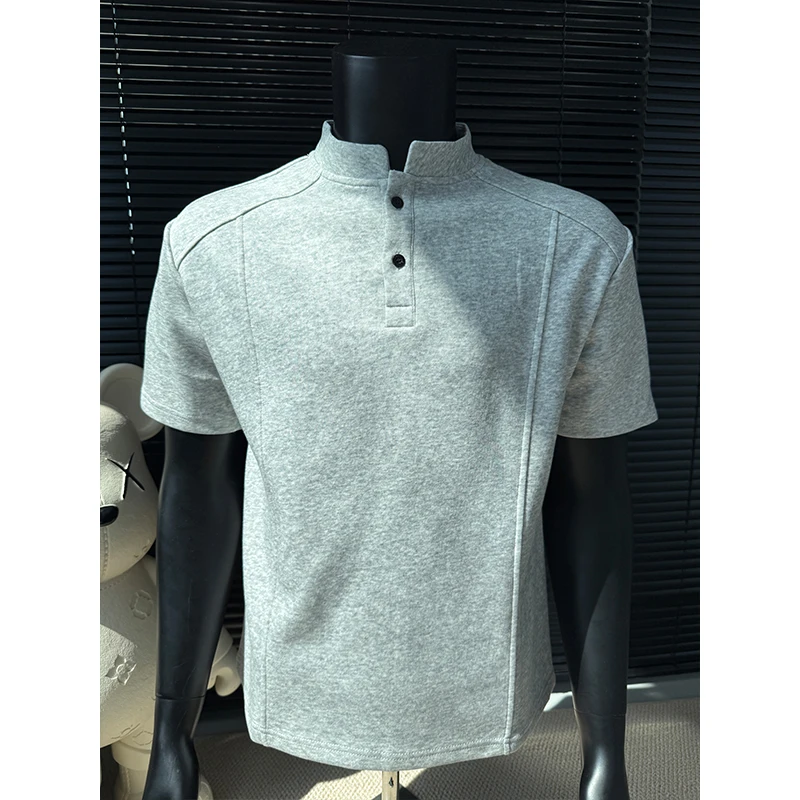 亨利领正肩拼接短袖T恤男夏季cleanfit美式高街设计感半袖上衣服
