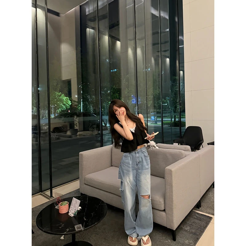 韩系纯欲设计感蕾丝V领吊带背心上衣两件套高腰宽松破洞牛仔裤女