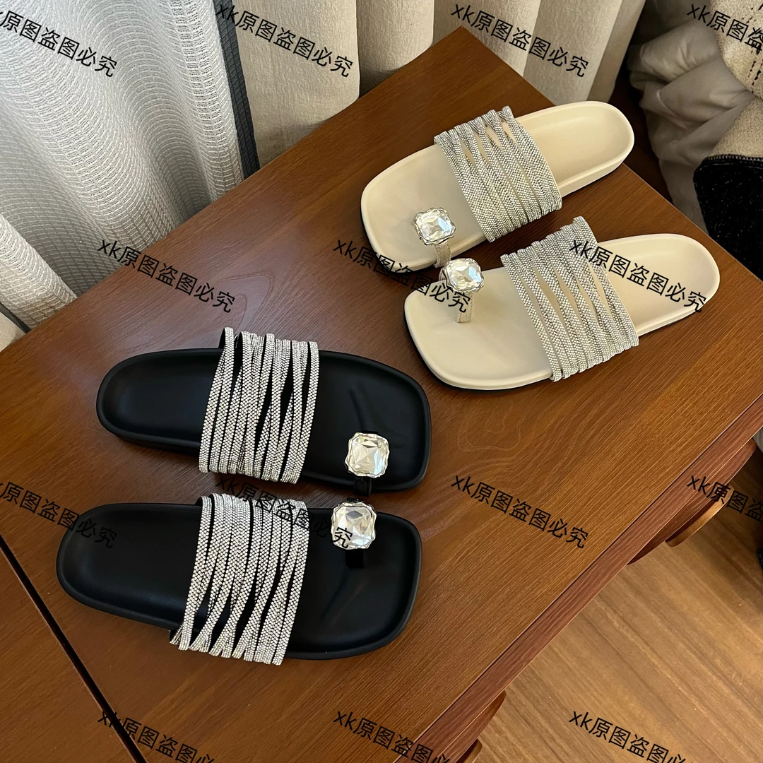 xk鸽子蛋韩系2025不掉钻满天星方头软底可泡水百搭仙女拖鞋人字拖
