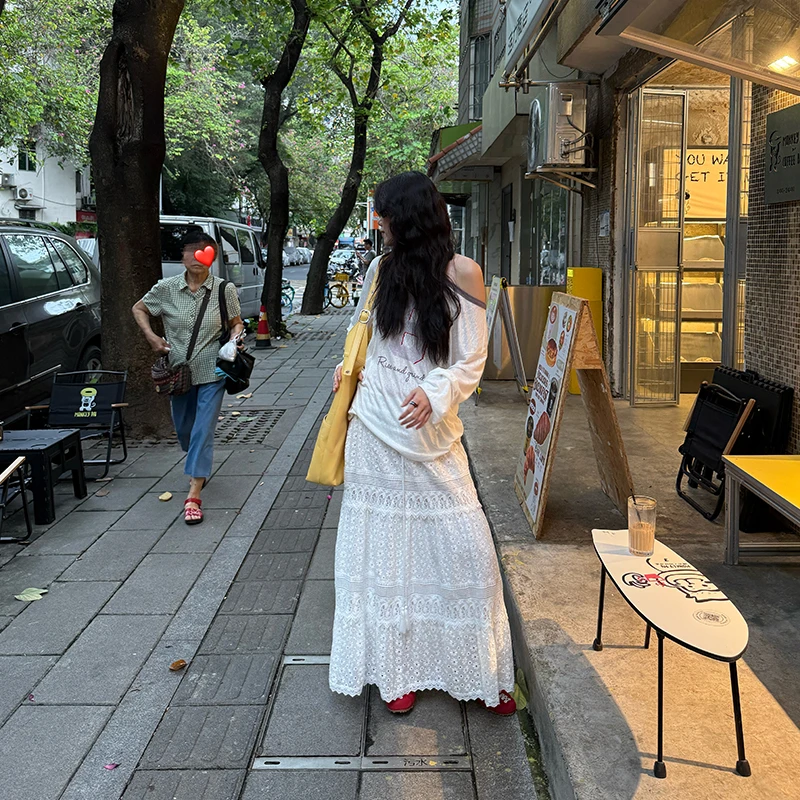 Seyora【光蚀纹】100%棉温柔风镂空蕾丝抽绳宽松半身裙 B30936SY51