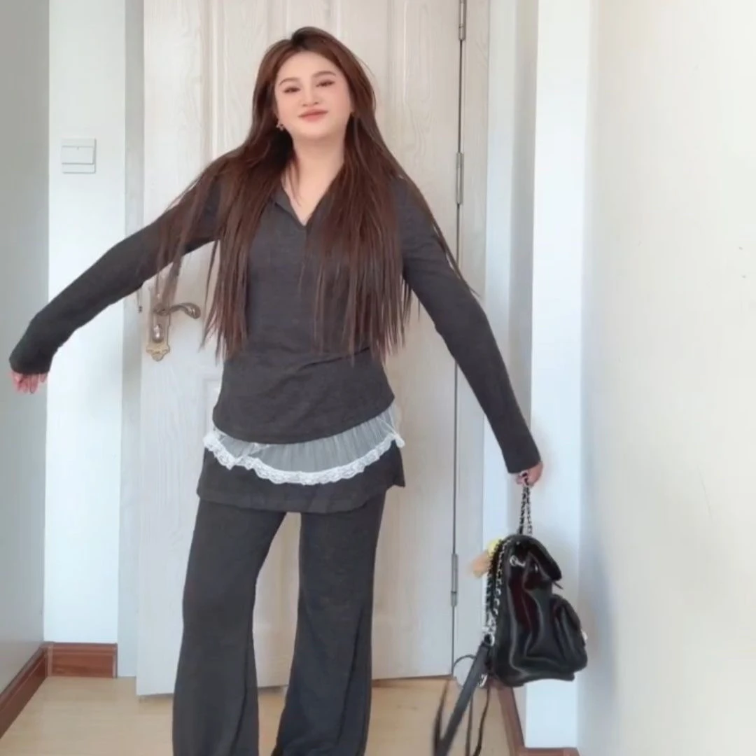 大码2025新款拼接休闲韩系长袖连帽喇叭裤蕾丝两件套上衣显瘦套装