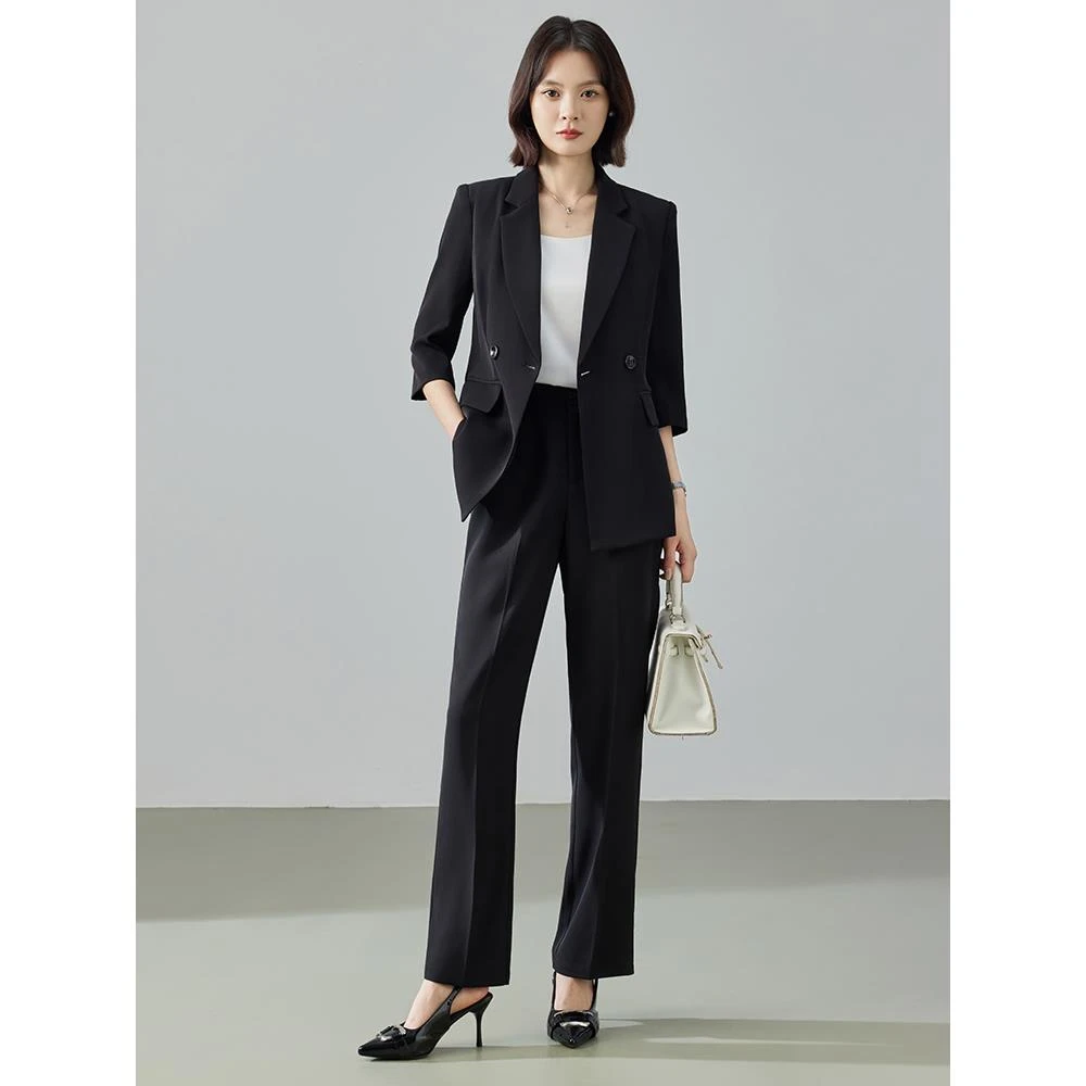黑色西装女士2025新款夏季薄款中袖高级感职业正装西服休闲外套