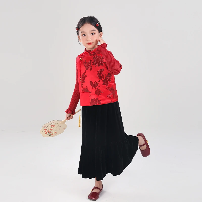 80820汉服女童新中式国风马甲秋季2025新款中秋唐装喜庆节日礼服