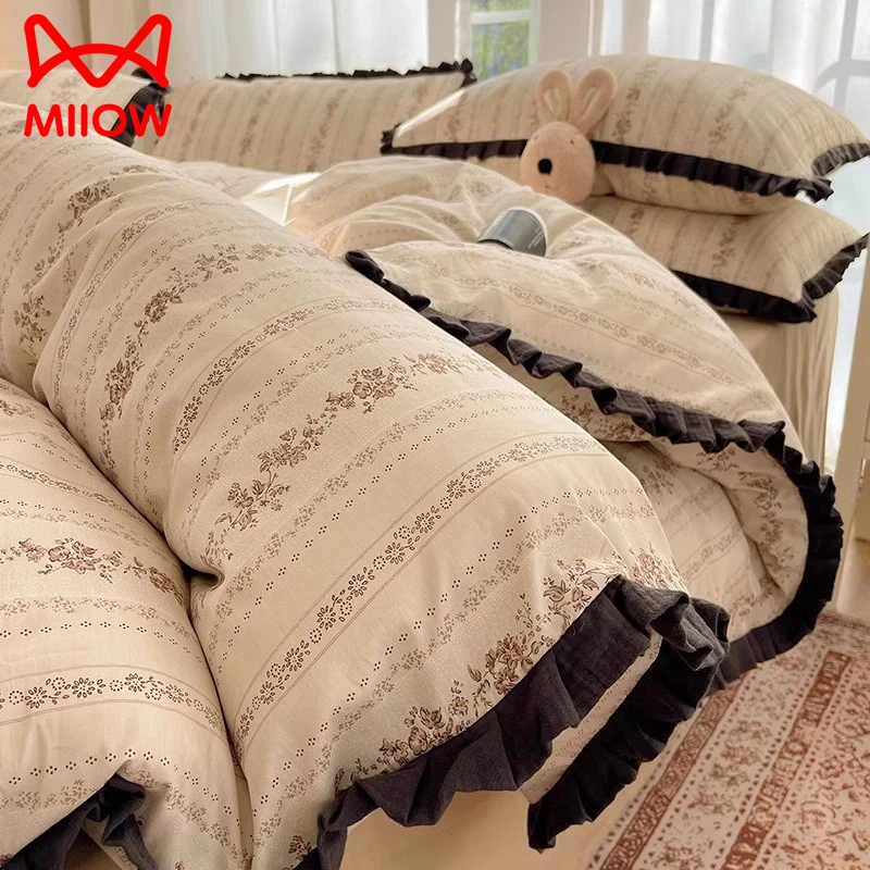 韩式皱皱纱床上四件套纯棉全棉2025新款公主风被套床单床品三件套