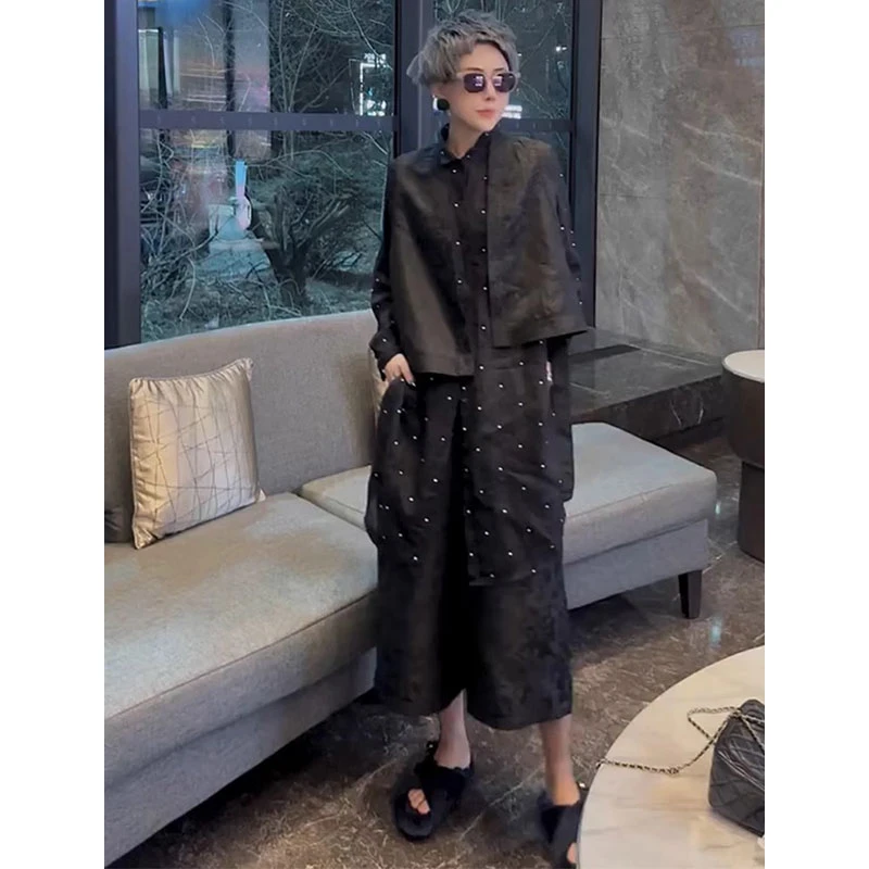 欧洲站2025春季新款洋气百搭波点衬衫减龄纯色马甲高腰裤子套装潮