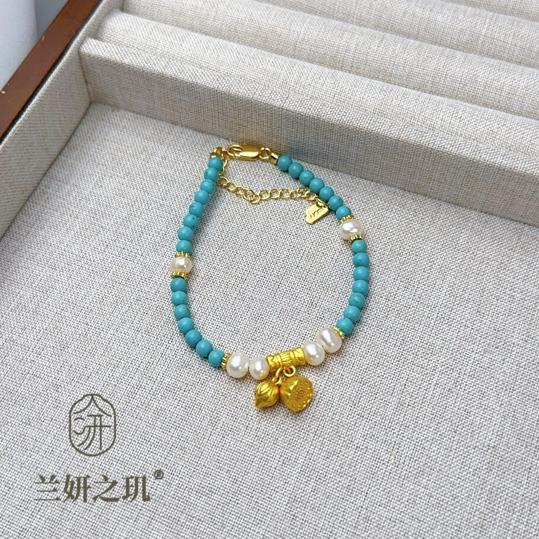 4mm绿松石天然石淡水珍珠手链 莲蓬两世欢国风手串高保色  8935