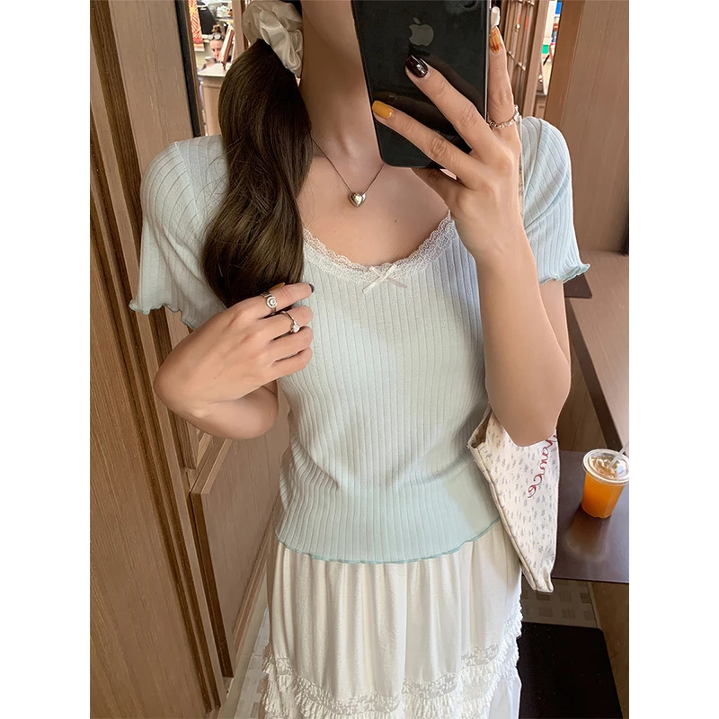 蕾丝蝴蝶花边U领短袖T恤女春夏季2025纯欲风修身显瘦短款打底上衣