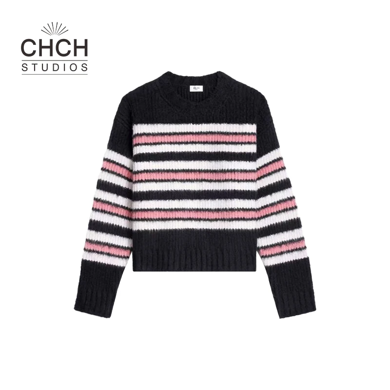 RAQZZ12397拉绒棉短款圆领拼色条纹撞色百搭宽松毛衣