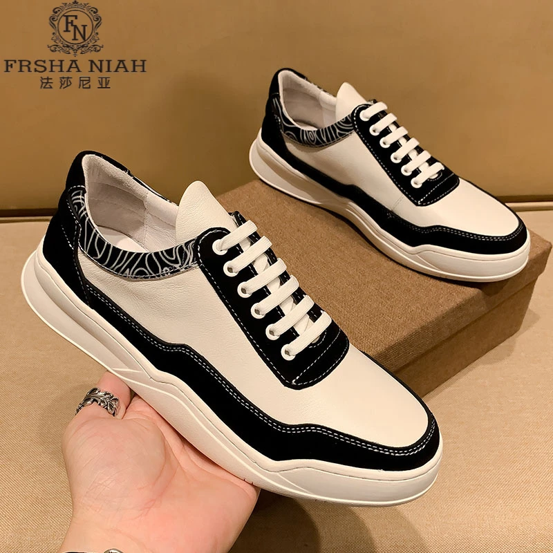 法莎尼亚男小白鞋拼接花边潮流低帮板鞋秋季男士皮面低帮板鞋