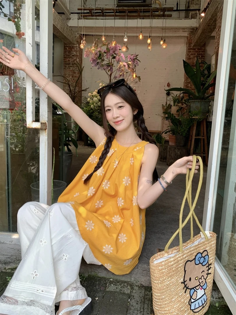 爱豆+《现货现发》网红爆款挂脖无袖宽松2025夏季新款黄色上衣大码