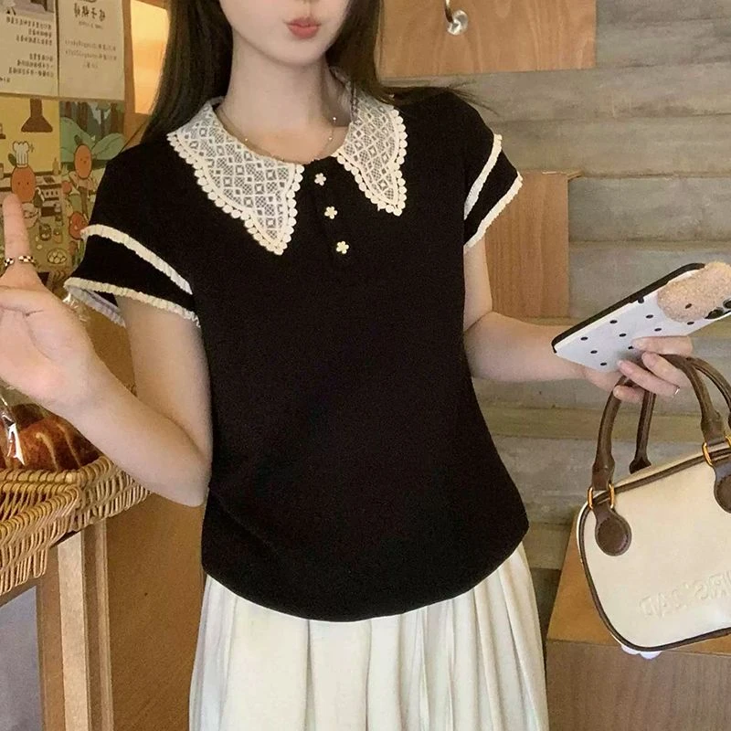时尚蕾丝Polo领胖mm大码显瘦纯棉短袖T恤女2025夏季新款宽松上衣