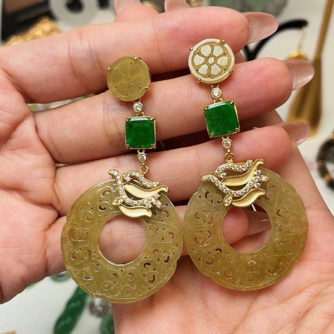 龙***、翡翠银S925镶嵌耳饰