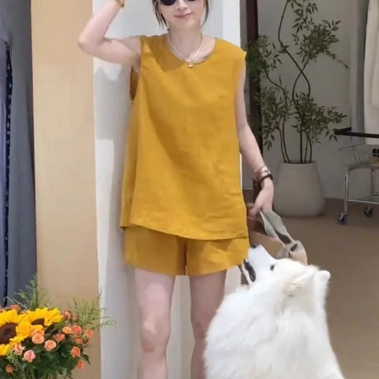 韩系设计感无袖背心+高腰阔腿短裤两件套女2025夏季新款宽松套装