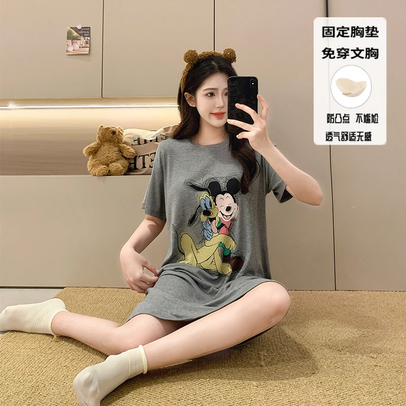 新款夏季莫代尔棉卡通米奇短袖睡裙女圆领舒适韩版休闲带胸垫睡衣