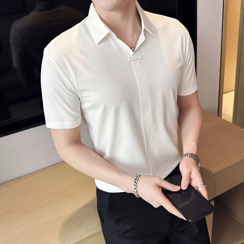 V领明线装饰短袖夏季宽松型男Polo衫时尚纯色韩版衬衫半袖潮流款