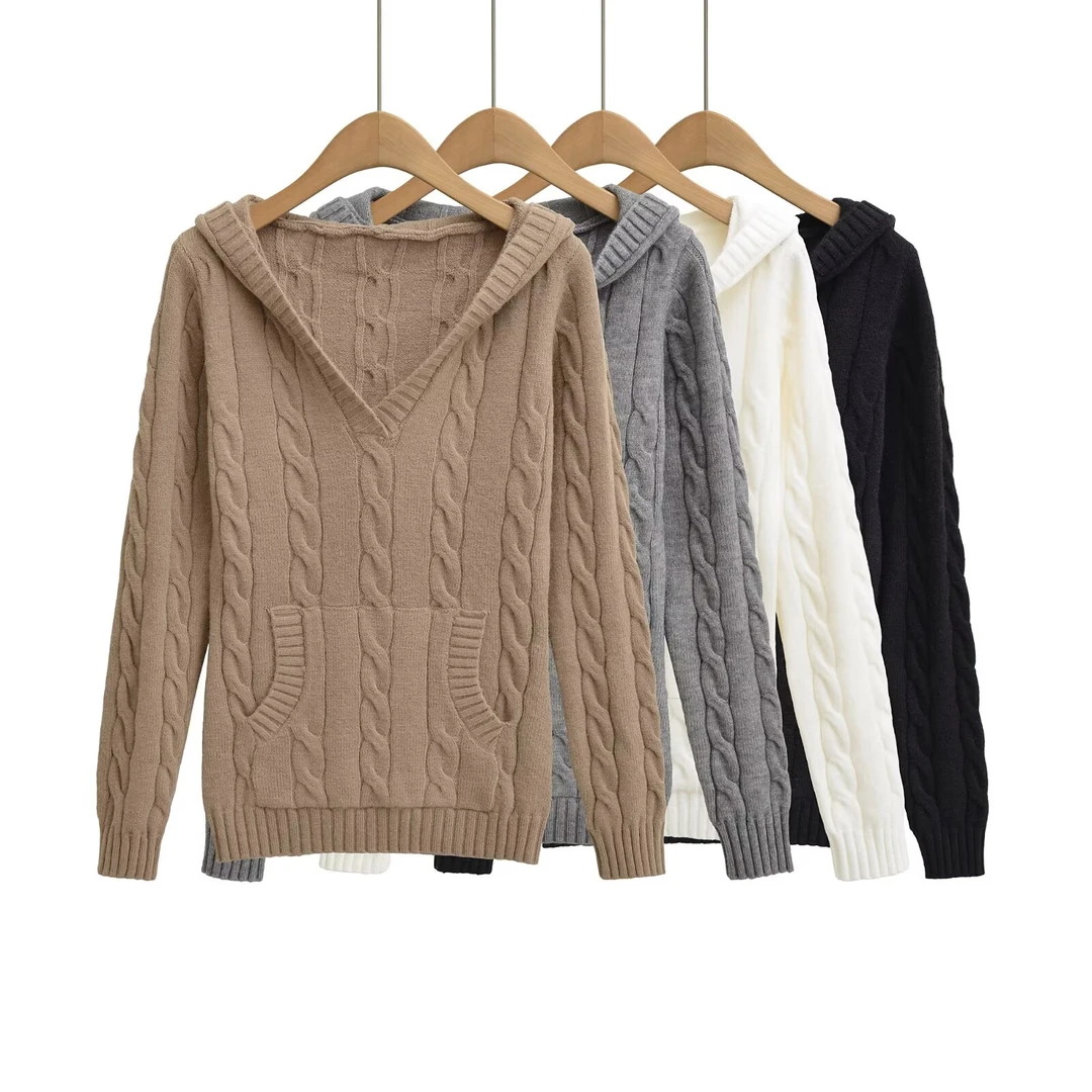 FS643 V领麻花针织衫女秋冬收腰显瘦气质连帽上衣款爆款正肩