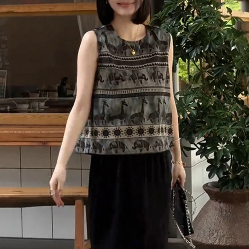 欧洲站2025夏季新款欧货女装印花卡通圆领厚纽扣减龄洋气背心上衣