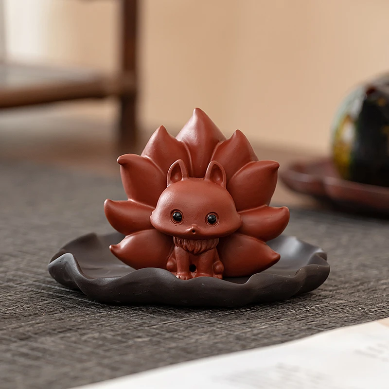 中式紫砂九尾狐茶宠小摆件手工可爱桌面茶玩创意个性茶室摆设器物