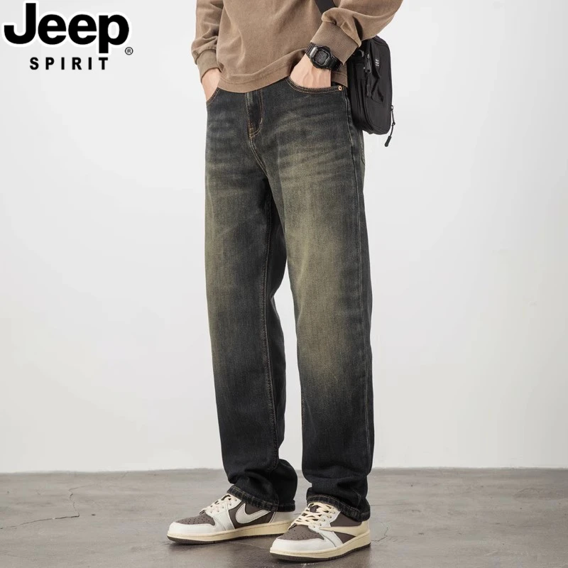 JEEPSPIRIT吉普直筒牛仔裤男潮牌宽松休闲大码男士男阔腿弹力裤子