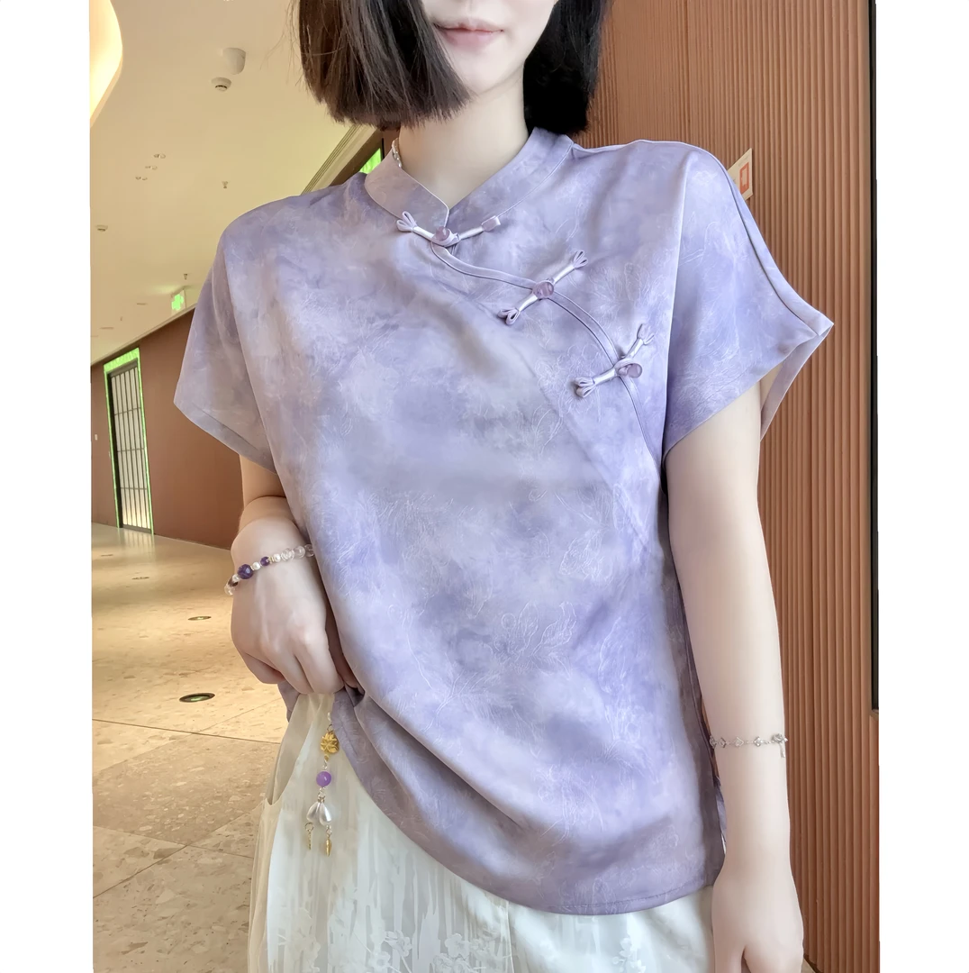 【紫梦颜】新中式短袖小衫丝滑舒适女百搭透气精致提花显瘦紫色T恤
