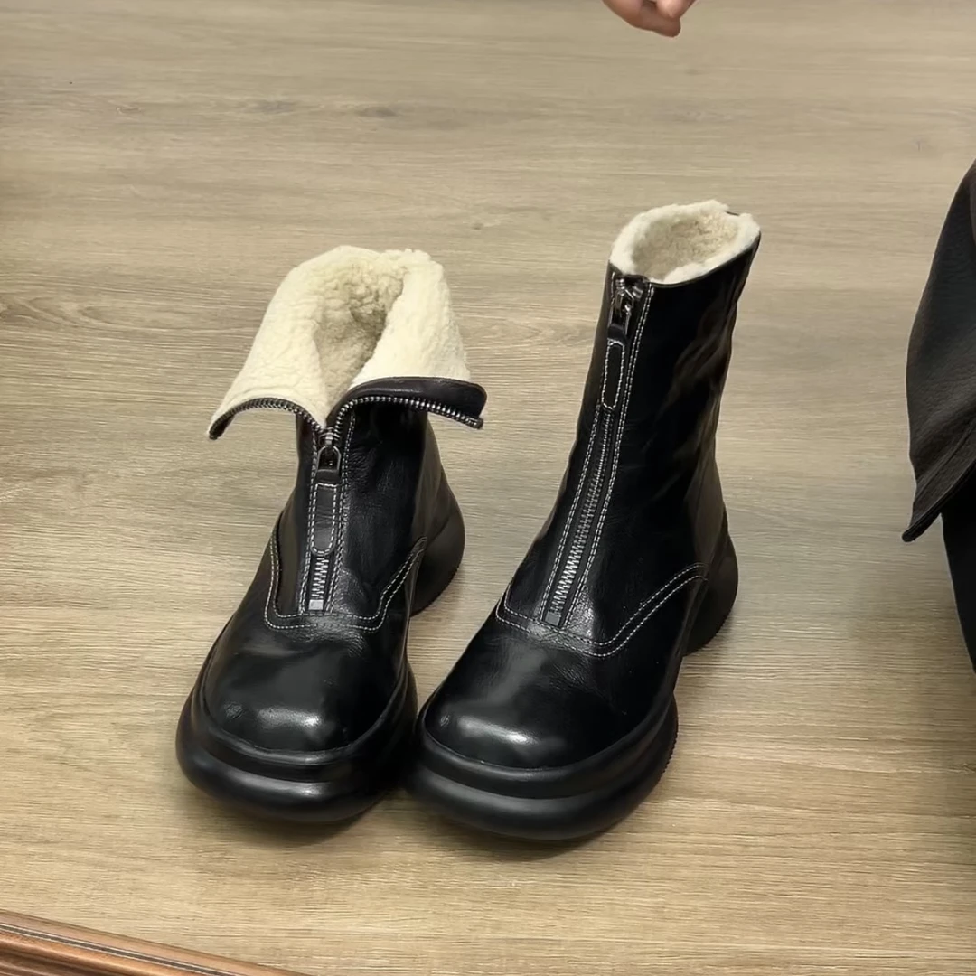 Dannyfrey秋冬新款复古英伦风加绒女时尚前拉链运动厚底短靴6.5CM