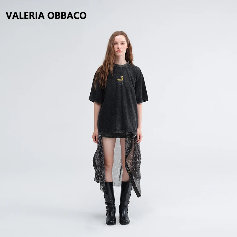 VALERIAOBBACO/瓦莱丽娅 奥贝科灰色涂鸦拼接短裙2025夏季牛仔裙