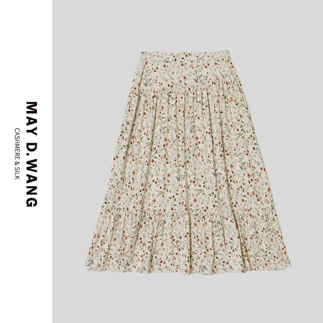 王之造新款田园文艺风宽松碎花桑蚕丝半身裙 D2F4007