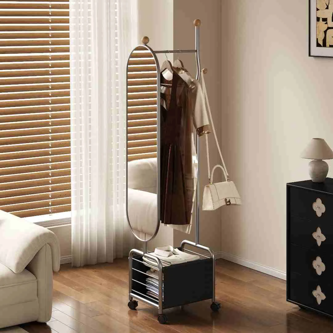 家用穿衣镜衣帽架一体简约玄关北欧轻奢挂衣可移动客厅旋转全身镜