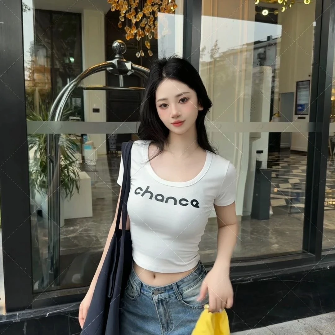 25夏季新款辣妹韩版设计感印花正肩短袖T恤修身百搭显瘦简约上衣