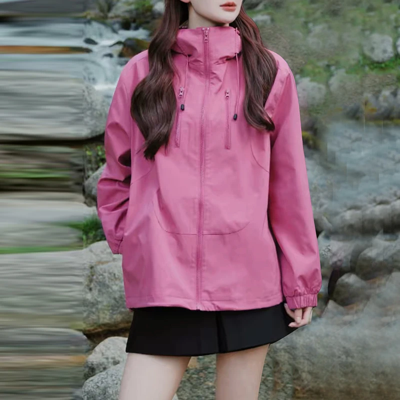 美式复古玫红色连帽冲锋衣外套女2025春秋季新款宽松休闲夹克上衣