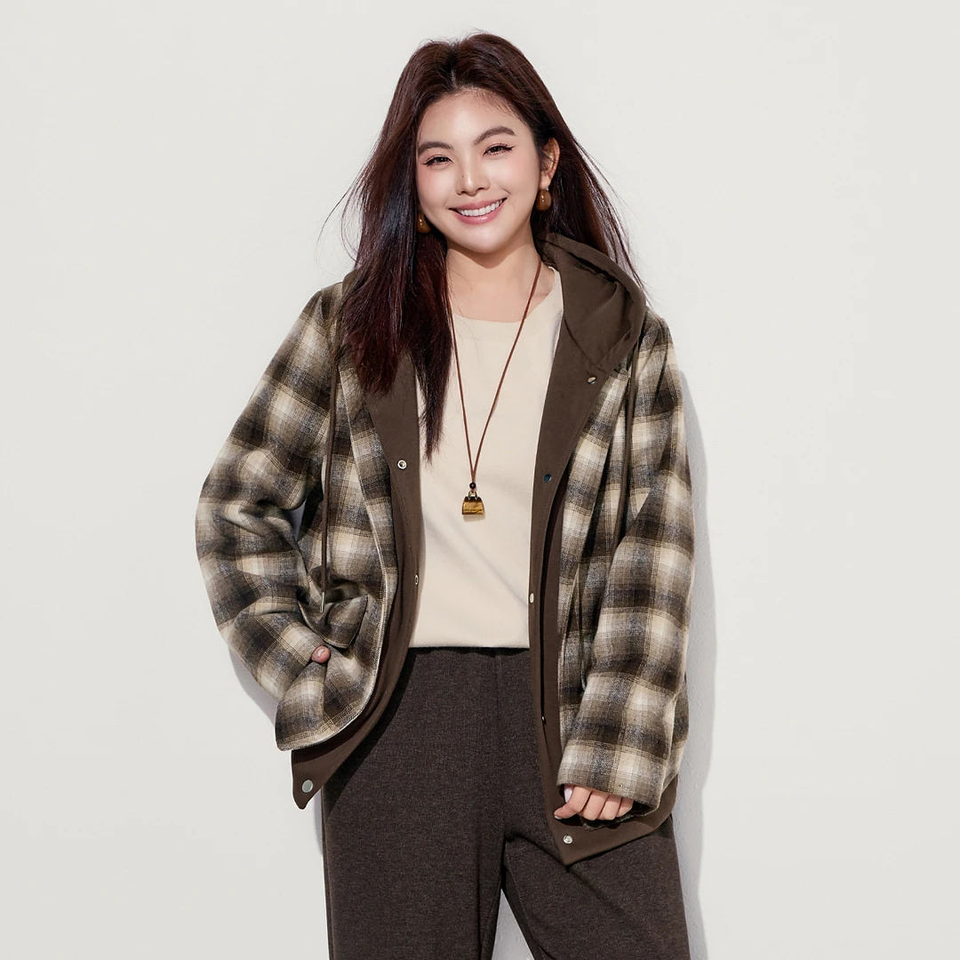 【格纹羊毛呢棉服】MsShe大码女装冬装连帽夹棉加厚外套Q2511004