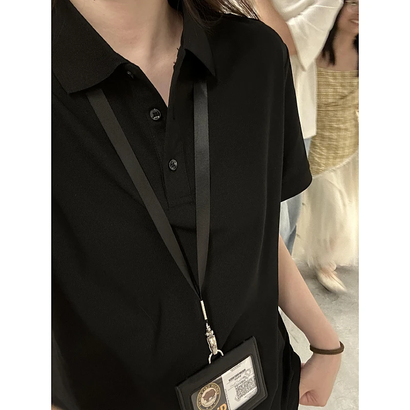 纯黑色短袖polo衫男女夏季高级感痞帅翻领t恤美式重磅正肩五分袖