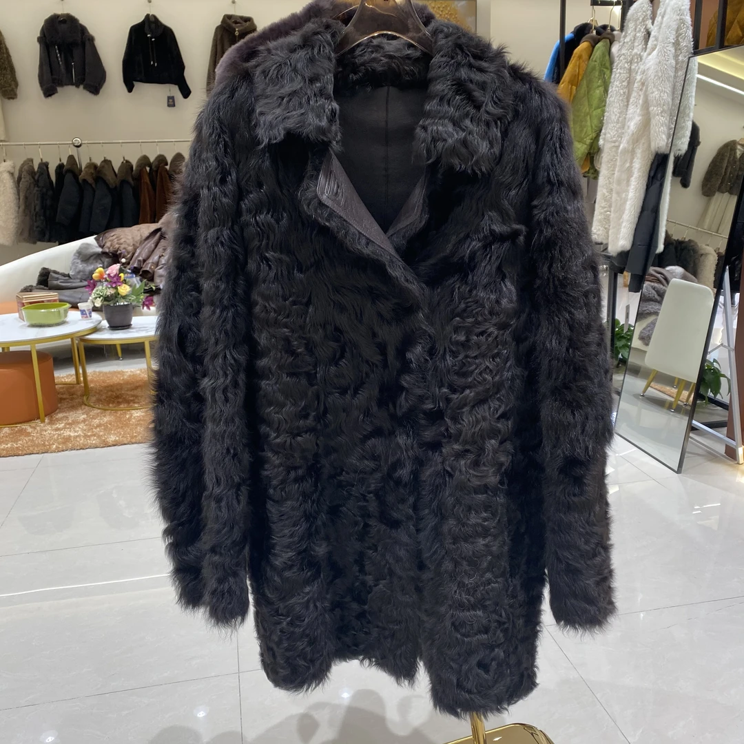 冬季新款小湖羊皮毛一体外套羊毛大衣女羊毛中长款外套