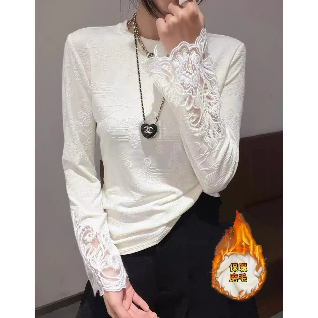 D999-3242【揽月一】2025秋冬新中式磨毛加绒提花修身显瘦打底衫女