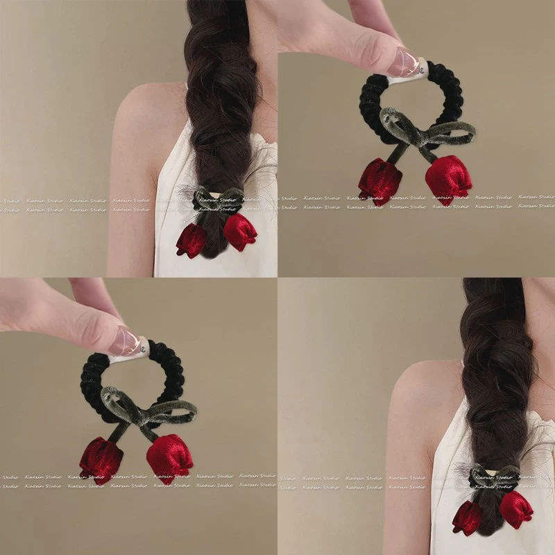 温柔风郁金香~气质百搭丝绒高级感小肠圈扎马尾花朵发绳韩国发饰