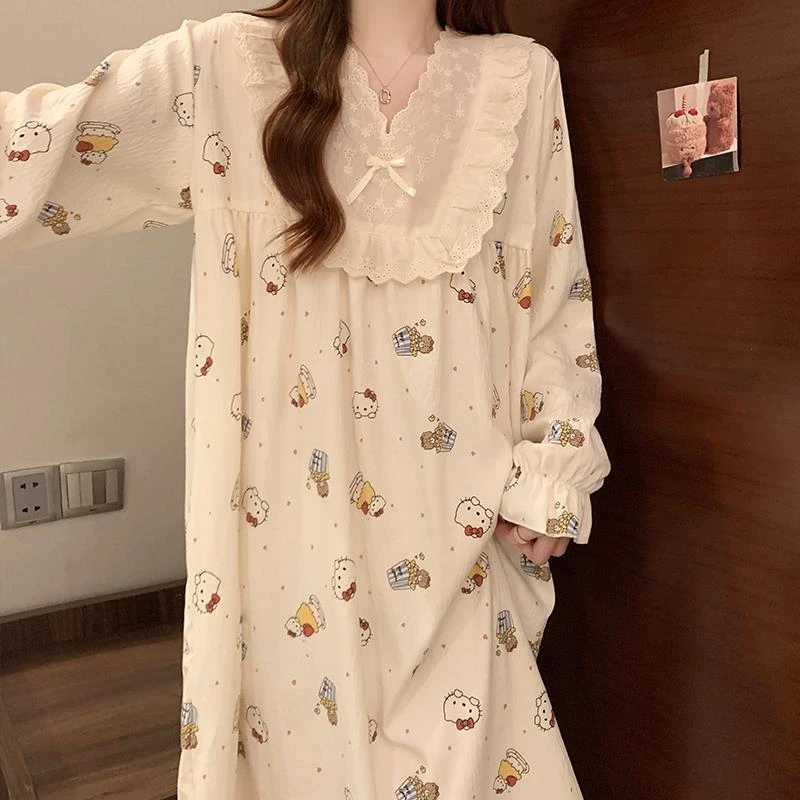 HelloKitty睡裙女款春秋季云朵棉长袖可爱日系蕾丝睡衣夏天家居服