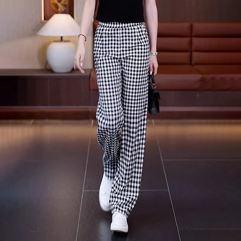 格子裤女夏2025新款薄款高腰显瘦宽松休闲直筒裤百搭爆款阔腿裤子