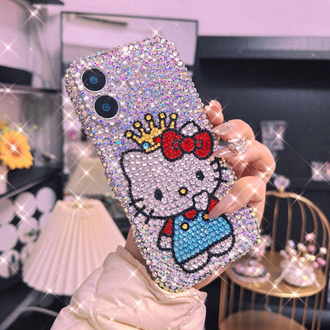 适用苹果/华为/OPPO/VIVO/小米手工DIY粉色满钻HelloKitty手机壳