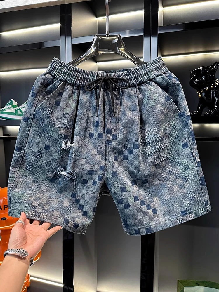 美式休闲复古马赛克破洞牛仔短裤男2025夏季新款宽松潮流痞帅短裤