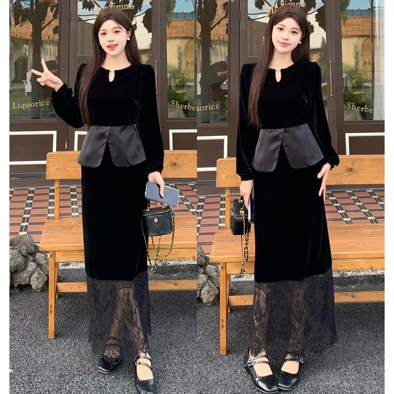 大码胖mm秋季新款拼接小香风套装气质女装新中式丝绒裙两件套装女