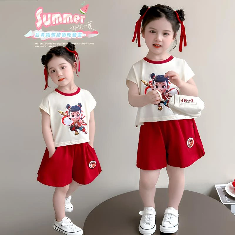 女童哪吒夏季套装2025新款儿童时尚洋气两件套卡通亮灯休闲薄款