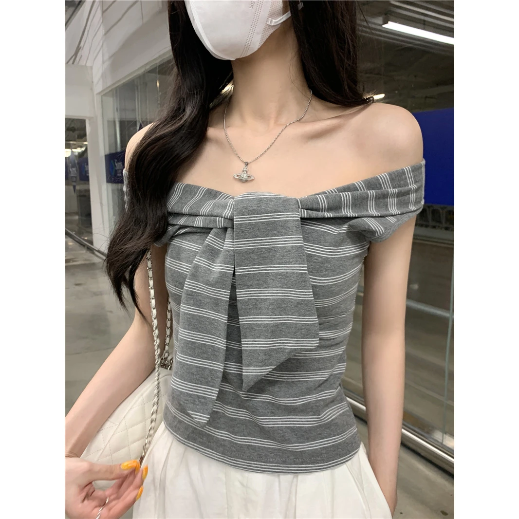2025夏季新款韩系设计感高级百搭收腰显瘦条纹一字肩短袖T恤女潮